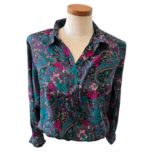 Vintage 80s Alfred Dunner collared top Emerald Green Paisley Print 14 - Picture 1 of 5